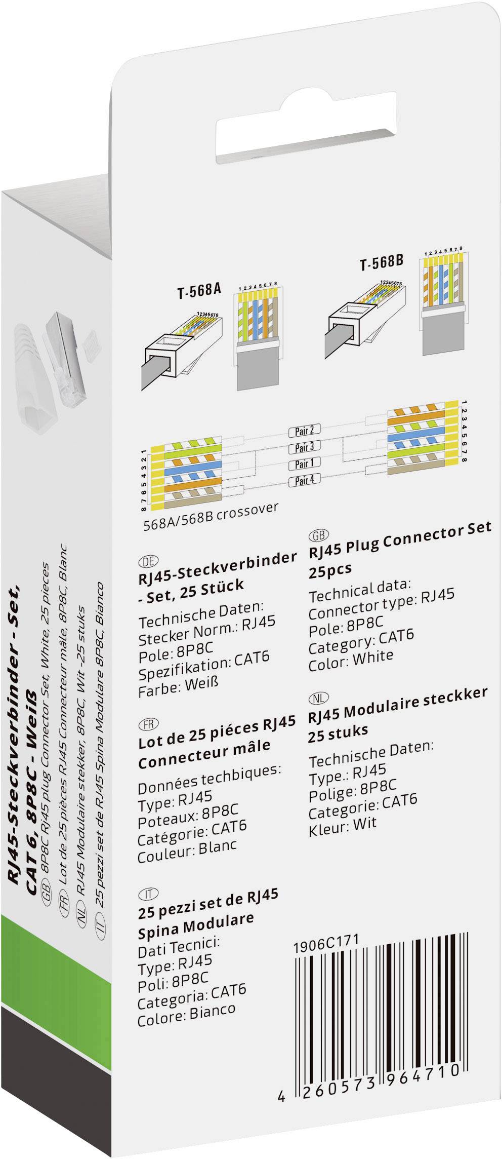 'Sada konektorů RJ45, 25 kusů, schéma zapojení T-568A/B, kategorie: CAT6, barva: bílá.'