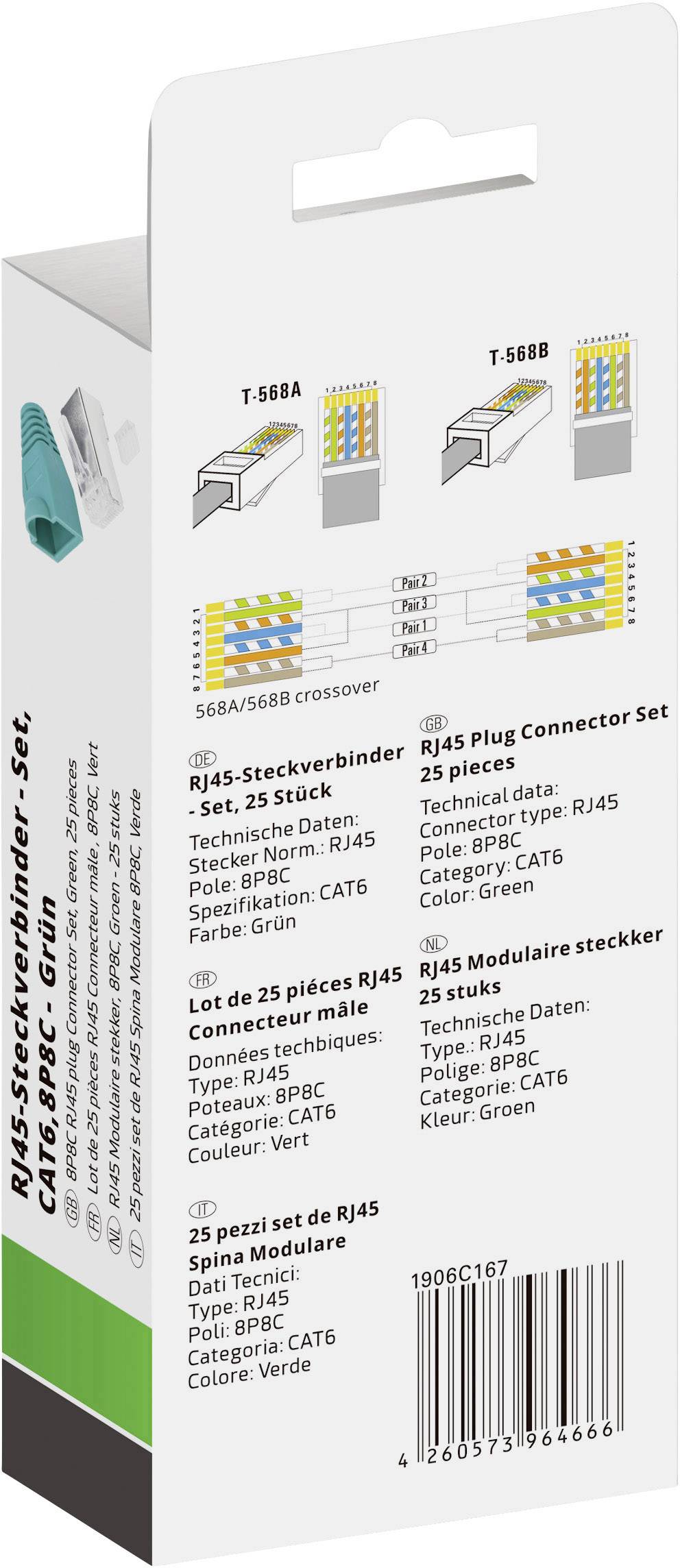 Zadní strana obalu sady RJ45 konektorů. Zobrazuje technické údaje, specifikace produktu a ilustrace konektorů.
