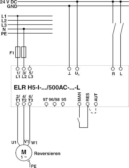 Schéma zapojení motorového řízení s komponenty: pojistka (F1), relé (ELR H5), motor (M), s přípojkami a ovládacími možnostmi (MAN, RES, AUT).