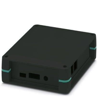 Černá, obdélníková skříň se zaoblenými rohy a tyrkysovými akcenty. Obsahuje několik otvorů a připojovacích bodů.