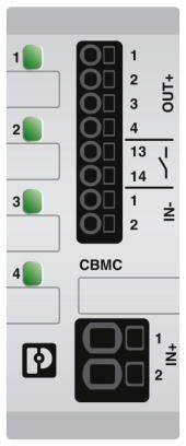 Elektronické zařízení se čtyřmi zelenými diodami vlevo a číslovanými konektory vpravo. Označené štítky 'OUT+' a 'CBMC'.