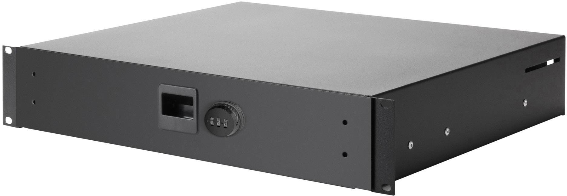 Černý 19palcový racková skříň s uzamykatelnou schránkou a číselným zámkem, vhodná pro bezpečnou instalaci do serverových racků nebo IT skříní.