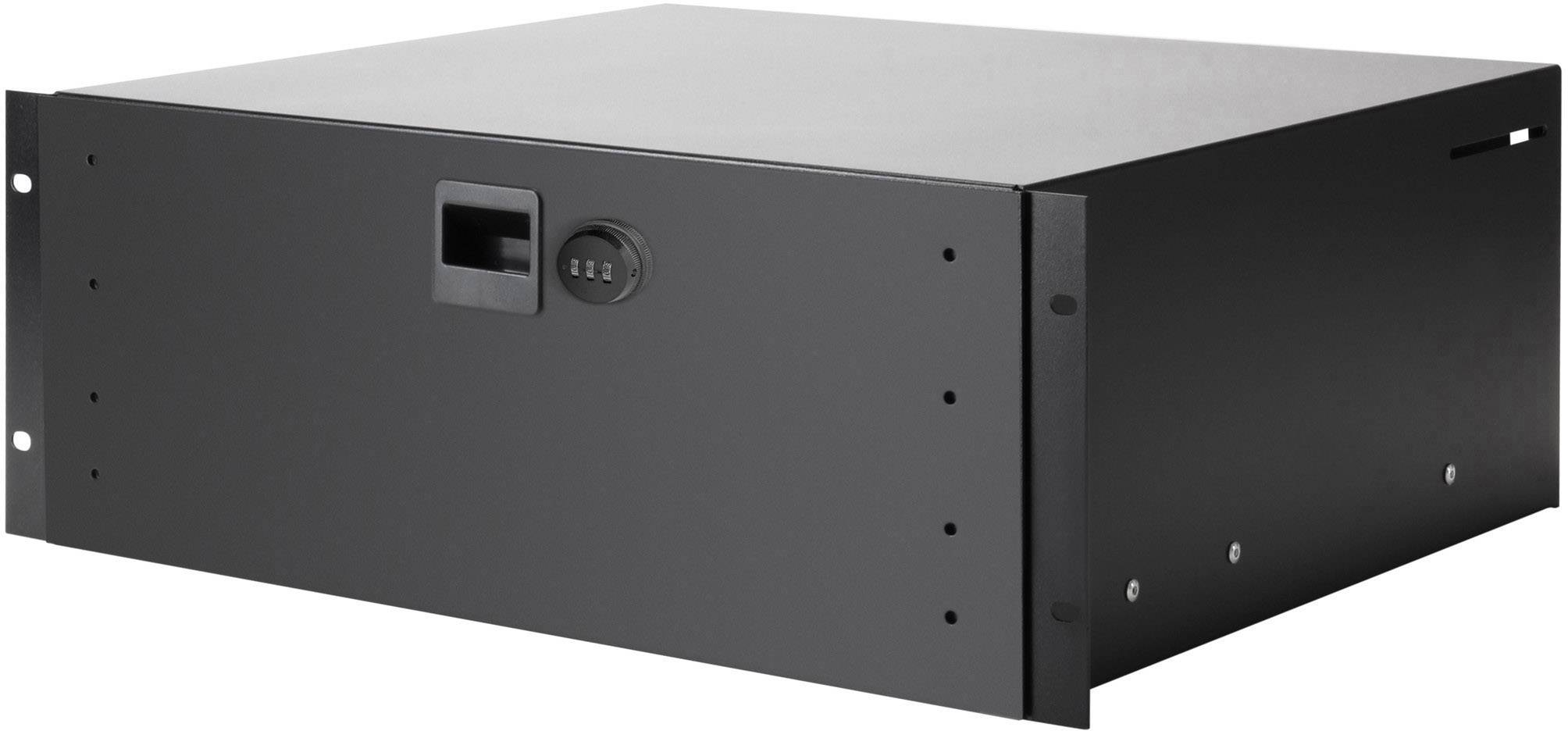 Černý, obdélníkový kovový rack mount box s větracími otvory, vhodný pro montáž elektronických zařízení do serverové skříně.