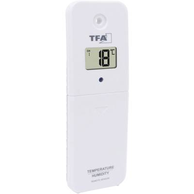 Bílý digitální termo-hygrometr zobrazuje teplotu 18°C na malém displeji. Pod ním je nápis 'TEMPERATURE HUMIDITY'.