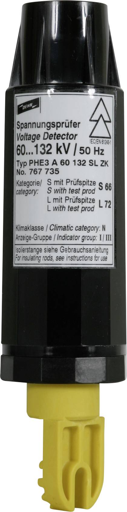 Zkoušeč napětí s detaily: napětí 60-132 kV, 50 Hz. Typ PHE3 A 60 132 SL ZK. Klimatická kategorie S 66, L 72, použití venku.