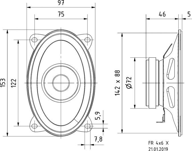 Diagram oválného reproduktoru s přesnými rozměry: 153 mm délka, 97 mm šířka, 75 mm montážní rozteč a 46 mm hloubka.