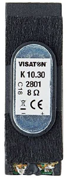 Reproduktor s nápisem 'VISATON K 10.30, 8 Ω, 2801'. Obdélníkový tvar s viditelnými svorkami na spodním konci.