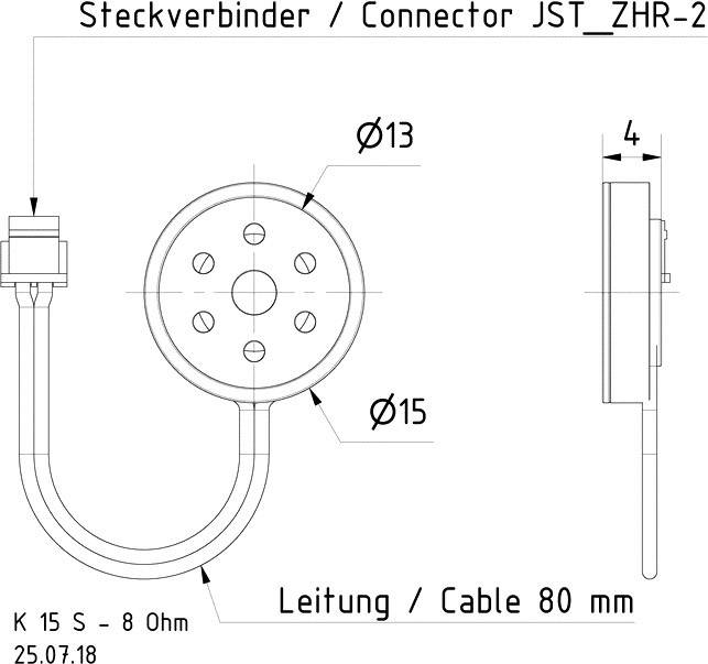 'Konektor JST_ZHR-2' s kabelem 80 mm. Pohled zepředu a z boku s rozměry: ⌀13, ⌀15, tloušťka 4. Datum: 25.07.18, K 15 S - 8 Ohmů.