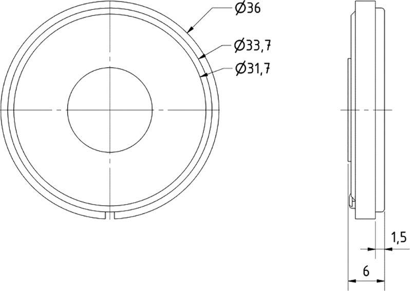 Technický diagram zobrazuje přední a boční pohled kulatého objektu s průměry 36, 33,7 a 31,7 mm, přičemž tloušťka objektu činí 1,5 mm.