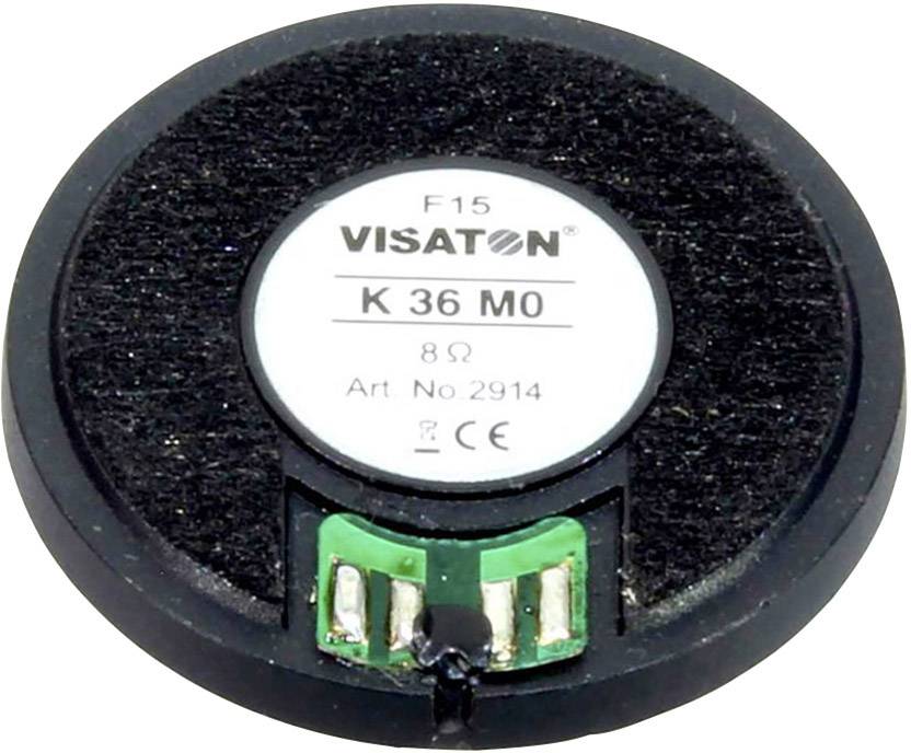 Kulatý reproduktor s nápisem 'F15 VISATON K 36 M0 8Ω Art No. 2914'. Černý povrch, zelené připojovací kontakty viditelné.