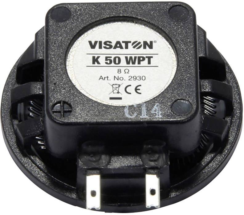 Černý reproduktor, model 'VISATON K 50 WPT', 8 ohmů, katalogové číslo 2930, s označením CE.