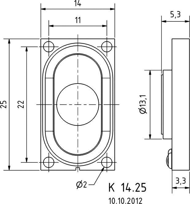 Technický výkres obdélníkové součástky se zaoblenými stranami, hlavní rozměry 25x14 mm, boční pohled ukazuje tloušťku.