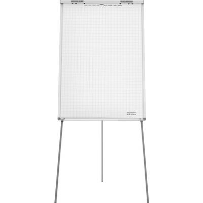 Prázdná flipchart na stojanu, připravená na prezentace nebo poznámky. Na papírové ploše je viditelná mřížková síť.