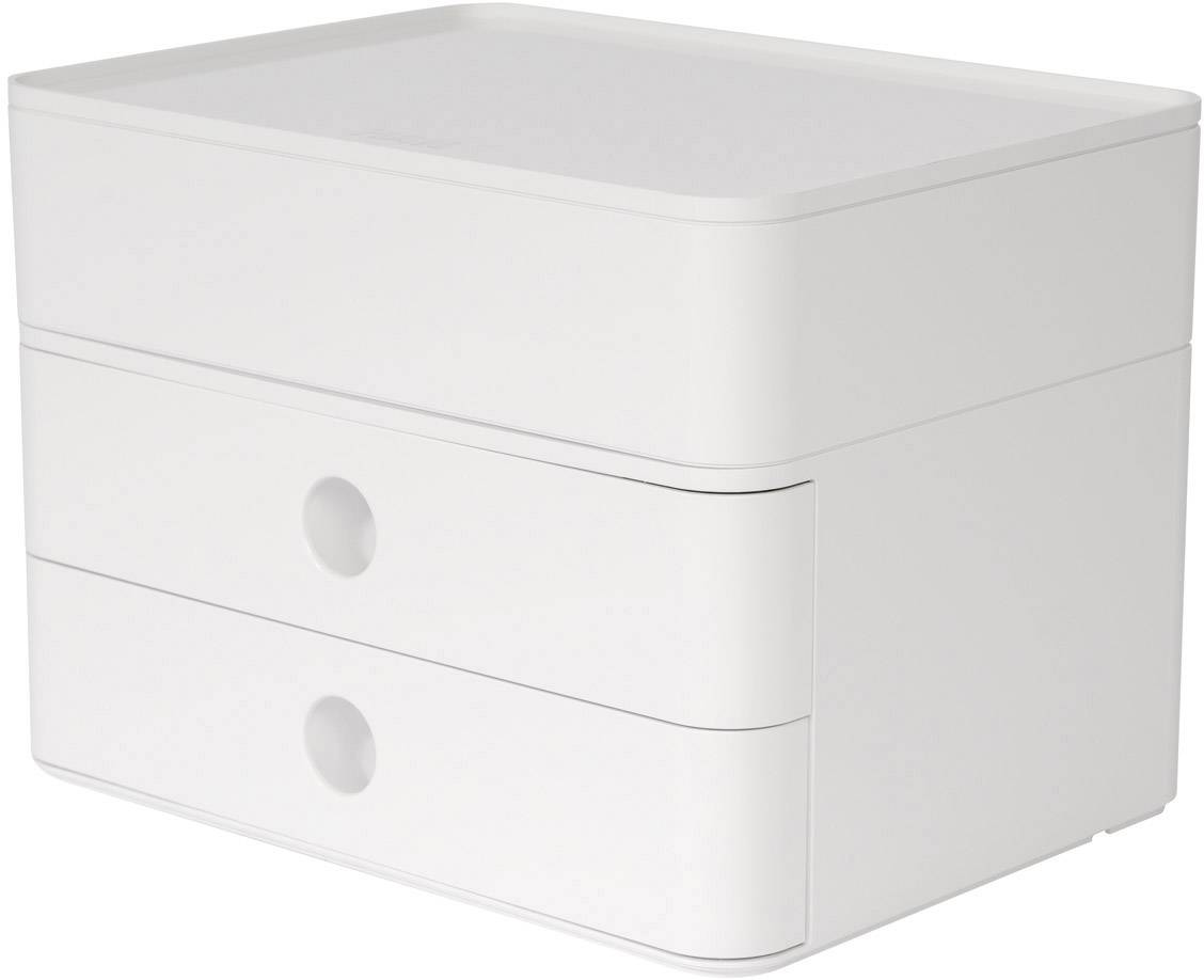 Bílý, moderní úložný box se dvěma zásuvkami a kulatými úchyty, minimalisticky navržený pro všestranné použití.