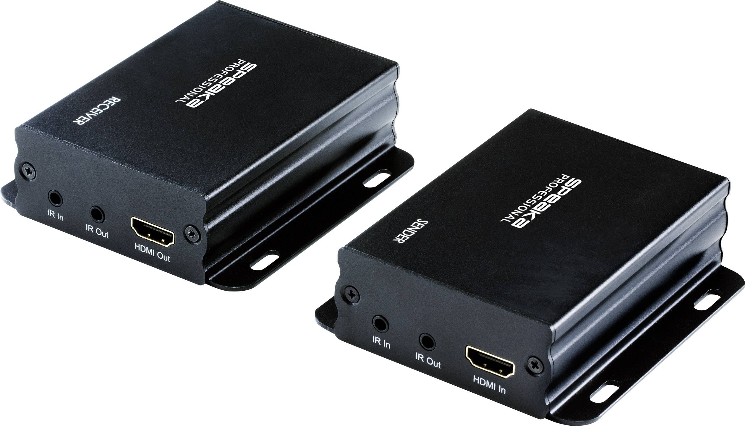 Dva černé HDMI extendery s IR a HDMI konektory, vhodné pro přenos signálu. Vlevo 'IR In', 'IR Out', 'HDMI Out', vpravo 'IR In', 'HDMI In'.