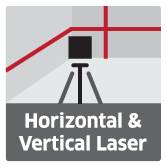 Znázornění horizontálního a vertikálního laseru na stativu, s modrými čarami v pozadí znázorňujícími směry.
