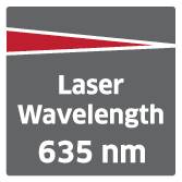 'Vlnová délka laseru 635 nm' černým písmem na šedém pozadí s modrým klínem.