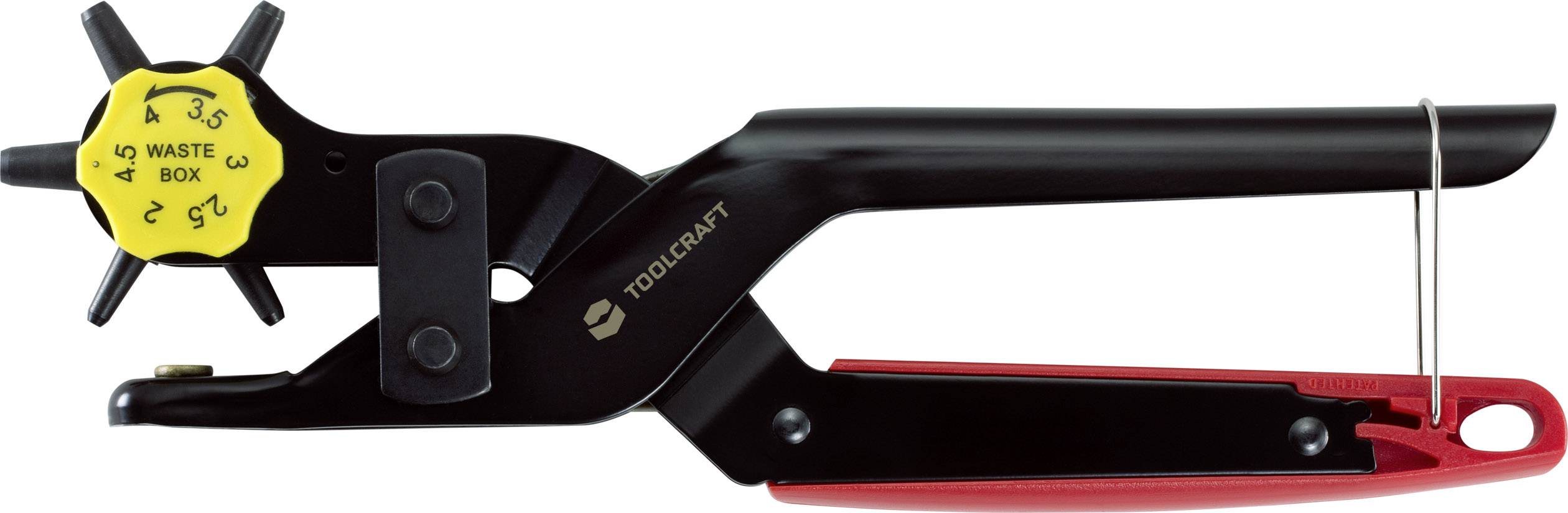 Děrovací kleště Toolcraft v černé a červené barvě se žlutým otočným kolečkem pro různé velikosti otvorů.