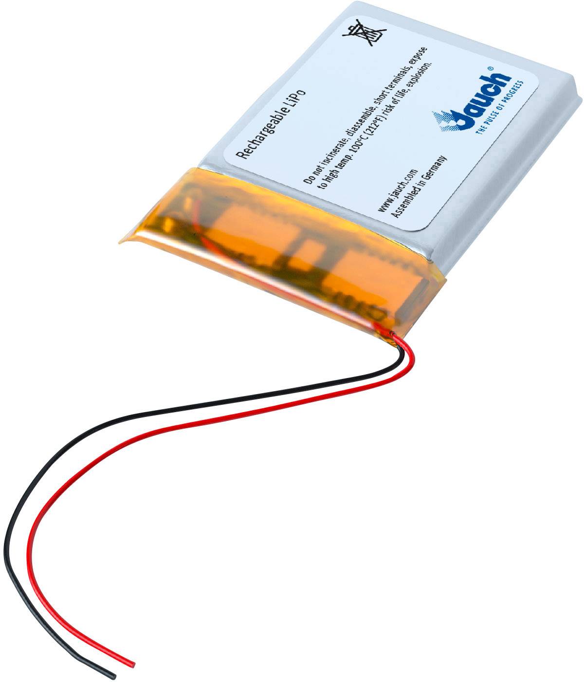 Dobíjecí lithium-polymerová baterie s dvěma volně vedenými vodiči v červené a černé barvě, označená specifikacemi a varováními.