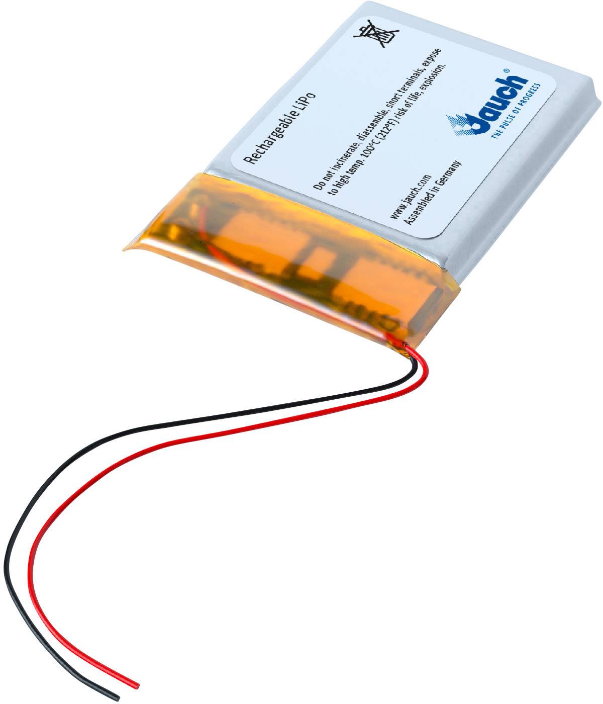 Lithium-iontová baterie se dvěma vodiči, jedním červeným a jedním černým, s nápisem „Dobíjecí Li-Po".