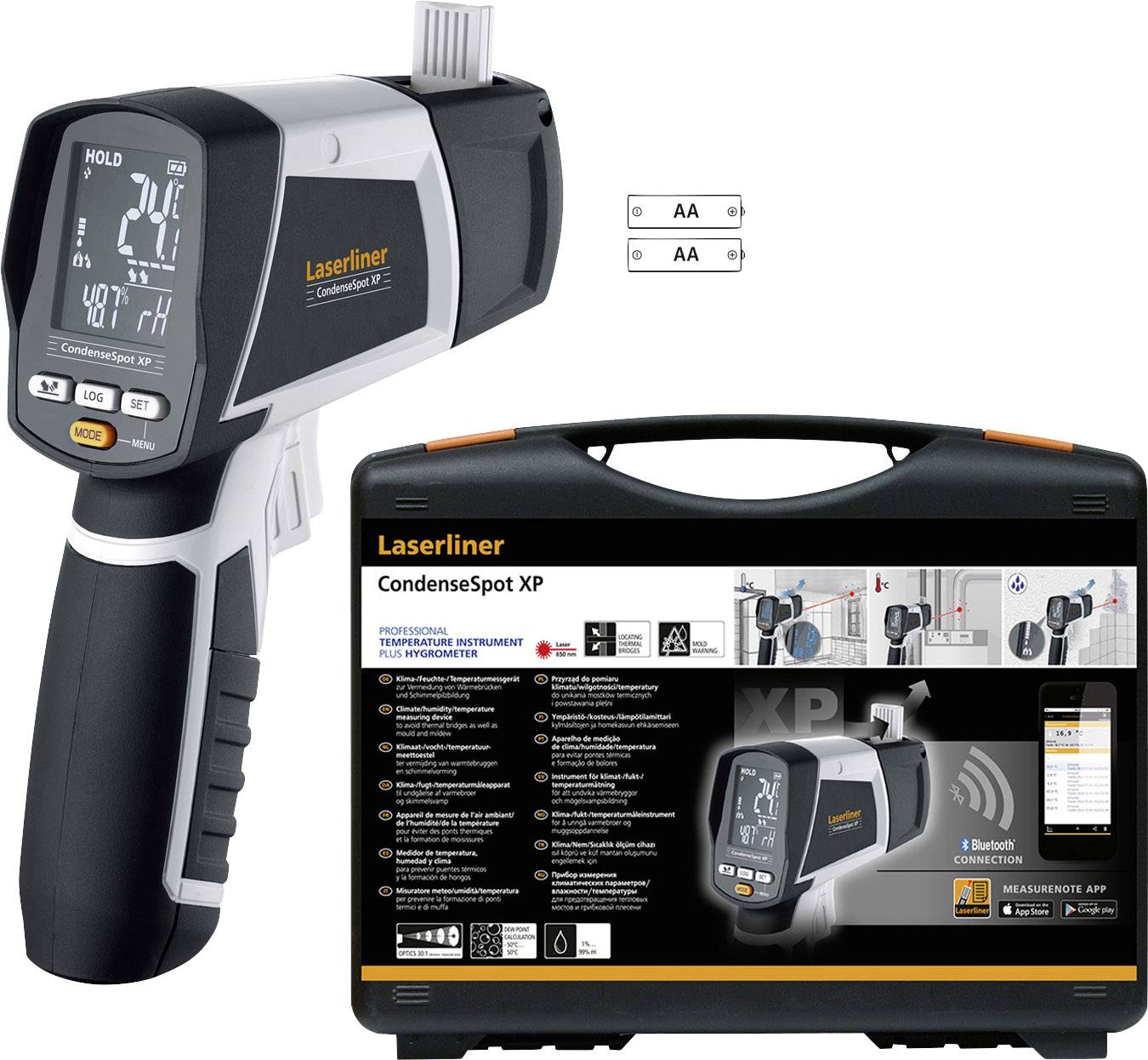 Infračervený teploměr 'CondenseSpot XP' od Laserliner s funkcí Bluetooth, teplotním displejem a příslušenstvím v kufříku.