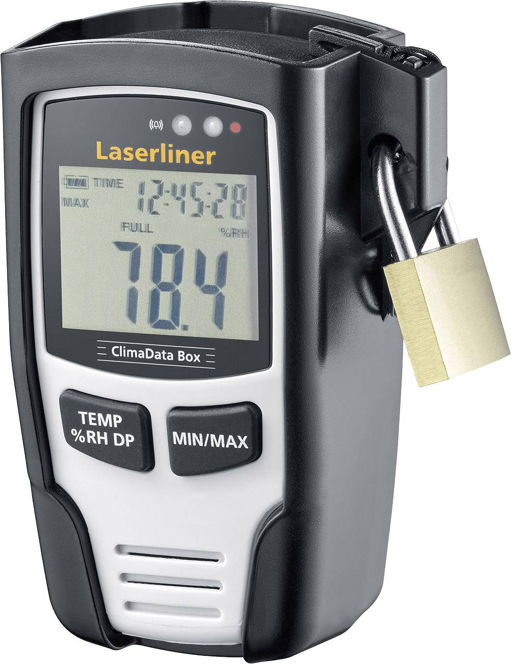 Digitální měřicí přístroj pro měření teploty a vlhkosti vzduchu ukazuje 78,4%. K zařízení je připevněna visací zámek.