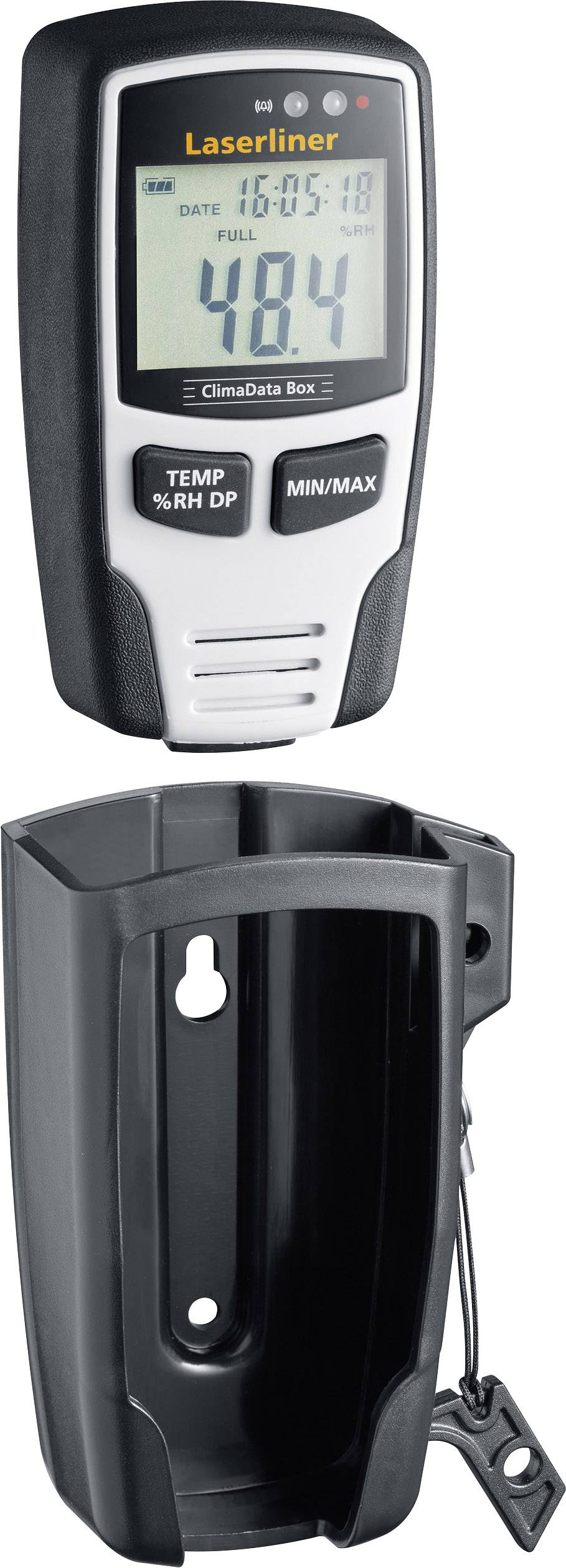 Digitální teploměr s displejem ukazuje teplotu místnosti 48,4 stupňů. Pod ním je ochranný držák.