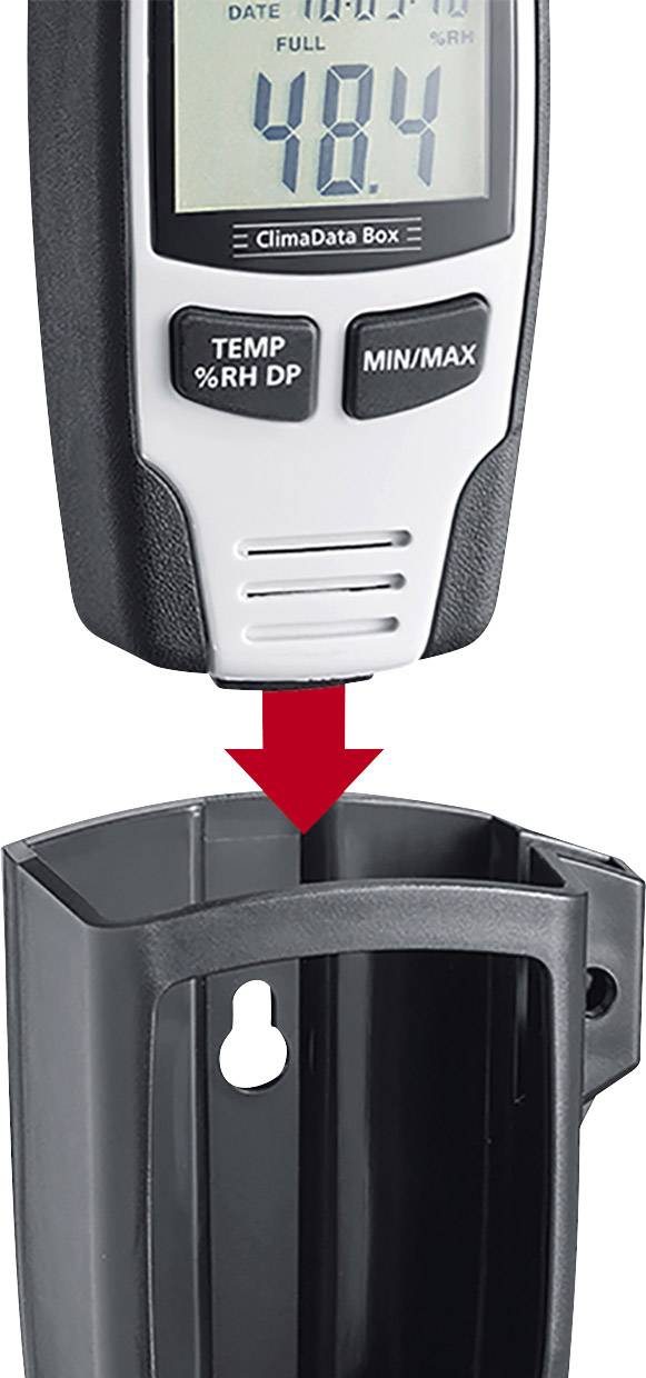 Vlhkoměr ukazuje 48,4% relativní vlhkosti; je umístěn do černého držáku.