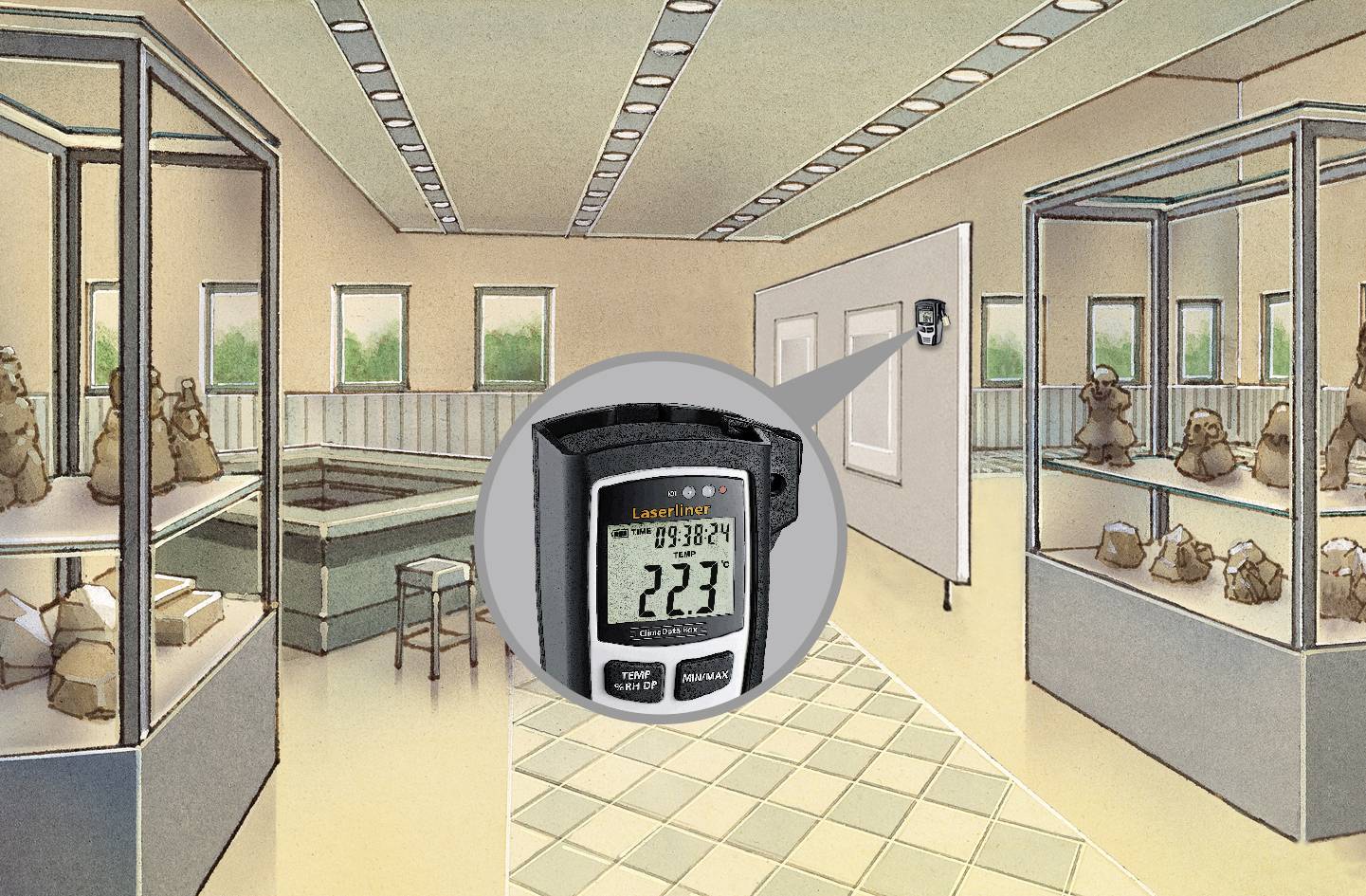 Laserový dálkoměr ukazuje 22,3 metru v muzeu soch. Prostor má vysoké stropy a moderní výstavní vitríny.