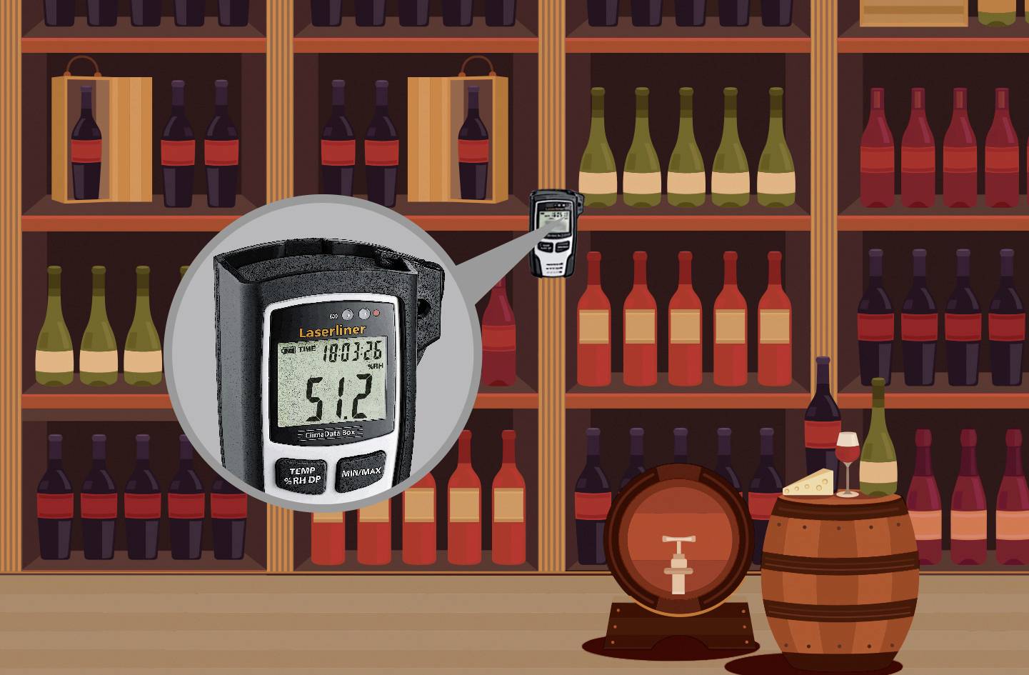 Digitální alkoholový tester ukazuje "0,512" na displeji, umístěný před regálem s láhvemi vína a sudem v popředí.