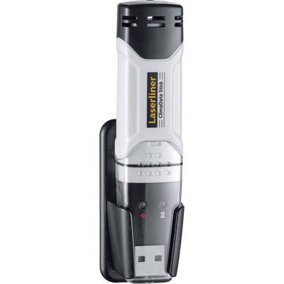 USB datový logger v černém držáku s logem Laserliner. Zařízení slouží k měření a zaznamenávání klimatických dat, jako jsou teplota a vlhkost vzduchu.