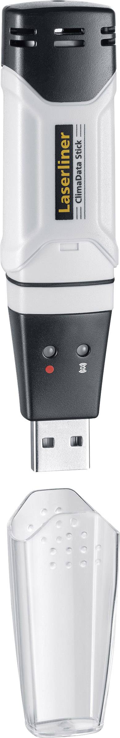 USB datový logger s bílým a černým pouzdrem, s odnímatelným průhledným krytem.