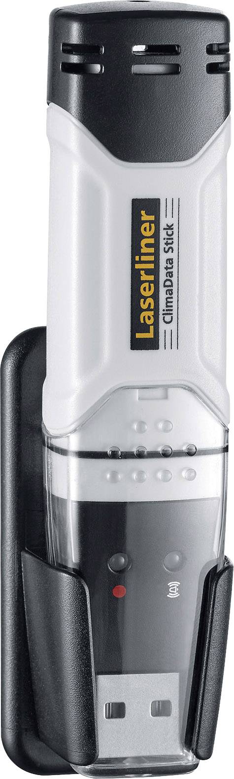 USB datalogger, vertikální, s ochranným krytem. Značka 'Laserliner', model 'ClimaData Stick'. Zaznamenává klimatické údaje jako teplotu a vlhkost.