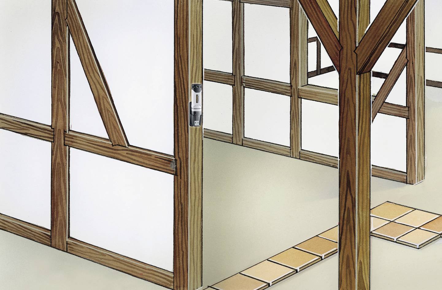 Hrázděná konstrukce s dřevěnými trámy v interiéru, která odhaluje konstrukční detaily a prostorové členění. Pochozí plocha s dlažbou na podlaze, jednoduchá výmalba stěn.