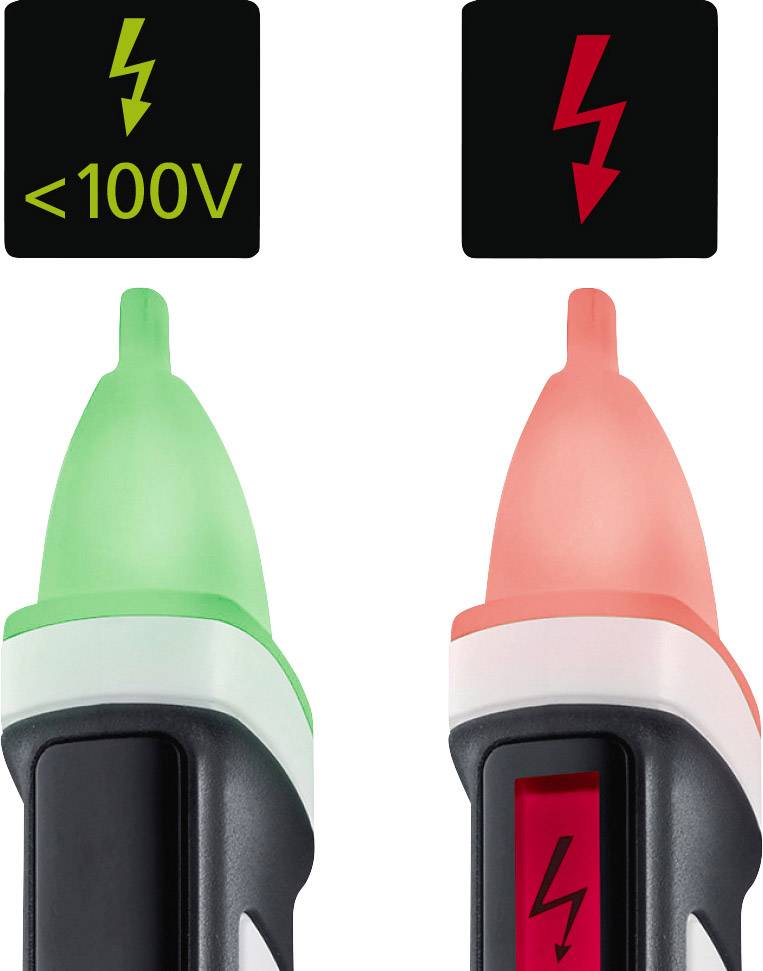 Zelený a červený napěťový tester indikují elektrické napětí. Zelená: napětí pod 100 V; Červená: rozpoznáno vyšší napětí.