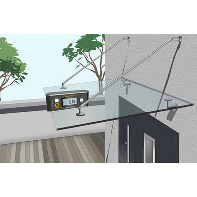 Skleněná střecha je kontrolována laserovým měřicím zařízením. Ukazuje úhel 5,15 stupně nad vchodovými dveřmi.