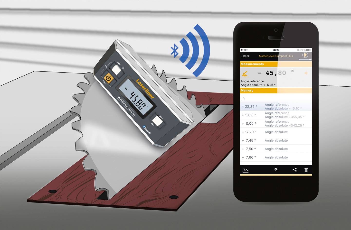 Digitální vodováha zobrazuje úhel 45,80 stupňů v mobilní aplikaci, která je připojena k pilovému kotouči. Bluetooth připojení je aktivní.