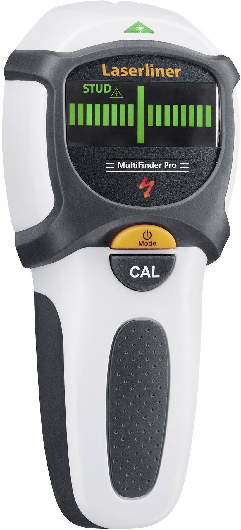Ruční přístroj 'Laserliner MultiFinder Pro' pro vyhledávání kovů a elektrických vedení. Obsahuje displej a ovládací prvky.