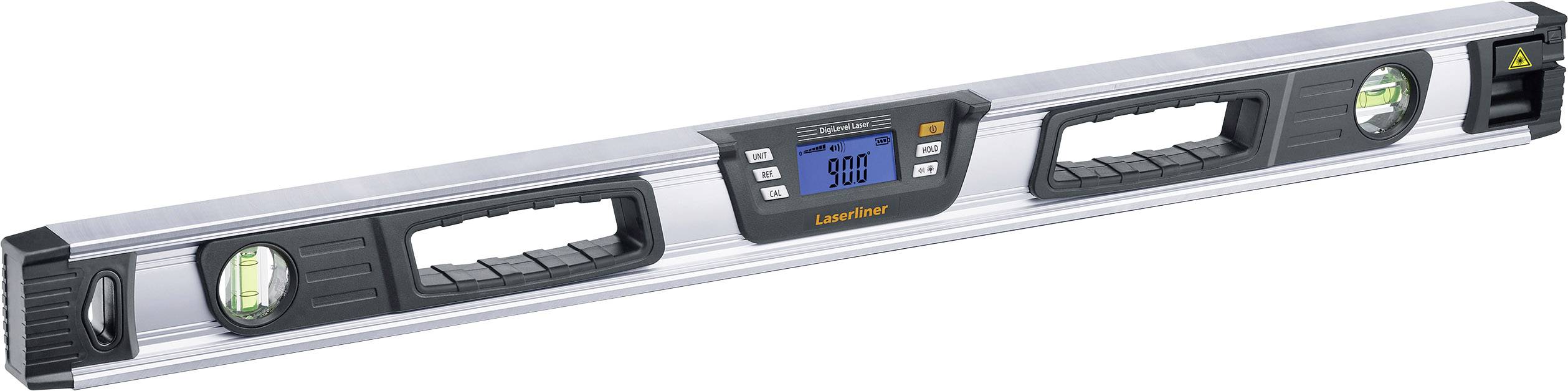 Stříbrná digitální vodováha s modrým displejem, který zobrazuje '90,0', a dvěma kulatými zelenými libelami pro měření úhlu.