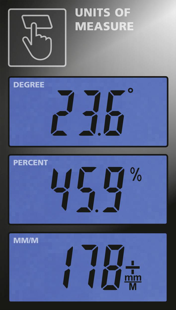 Digitální displej zobrazuje: 'STUPEŇ 23,6°', 'PROCENTO 45,9%', 'MM/M 178'. Horní sekce s dotykovým symbolem a textem 'JEDNOTKY MĚŘENÍ'.