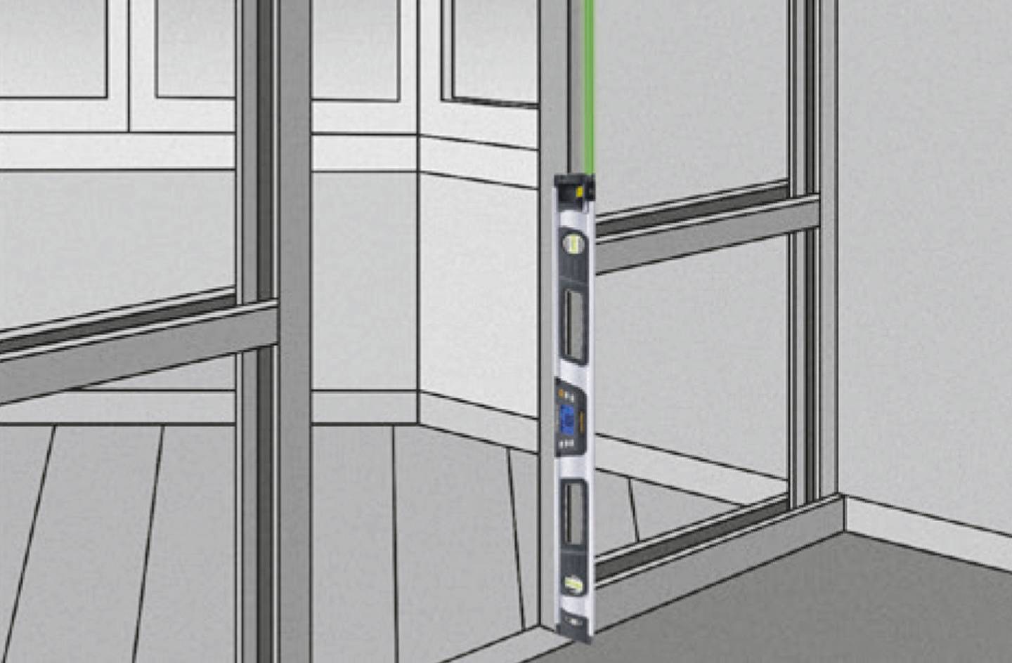 Vodováha ukazuje dokonalé vertikální vyrovnání okenního rámu v místnosti.