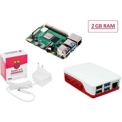 Raspberry Pi sada s 2 GB RAM: deska, bílo-červené pouzdro, napájecí adaptér a balení s logem Raspberry. Ideální pro elektronické projekty.