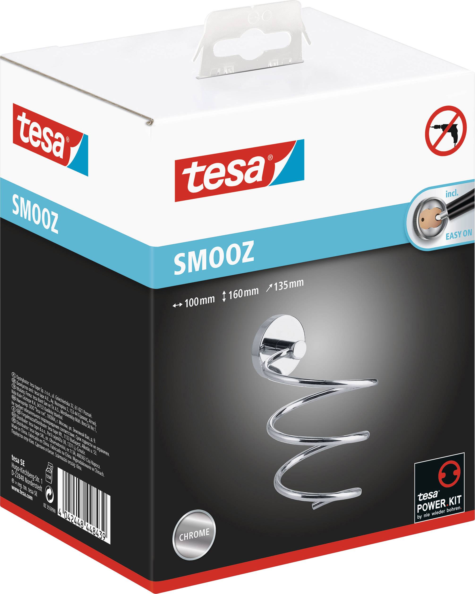 Balení nástěnného držáku na ručníky Tesa Smooz v chromovém provedení, s rozměry 100 x 160 x 135 mm. Obrázek výrobku a firemní logo jsou zřetelně viditelné.
