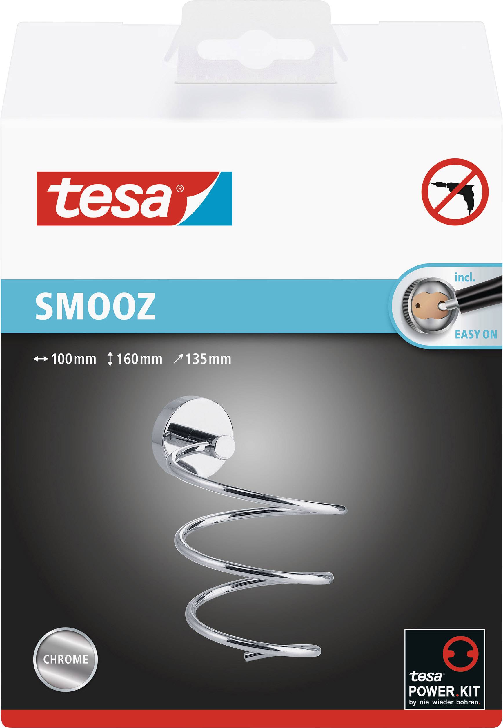 Chromový spirálovitý držák ručníků značky 'tesa' zobrazený na obalu produktu. Snadná montáž bez vrtání.
