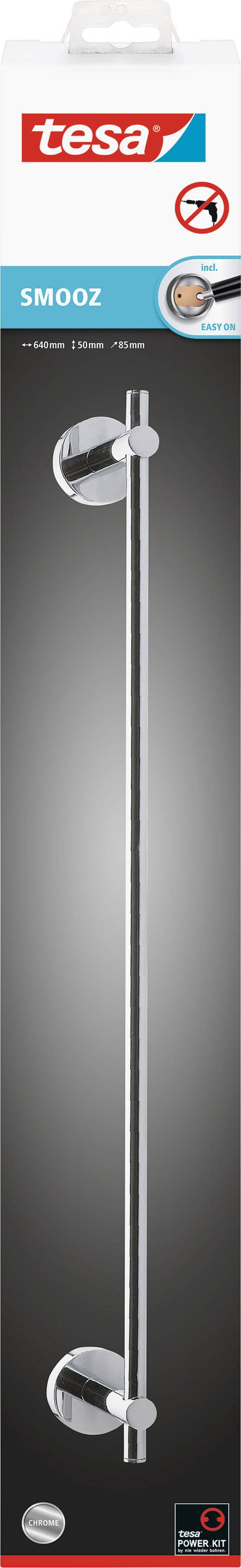 Sprchová tyč z nerezové oceli značky Tesa, model Smooz, prezentovaná v obalu s obrázkem tyče, vhodná pro montáž na stěnu.