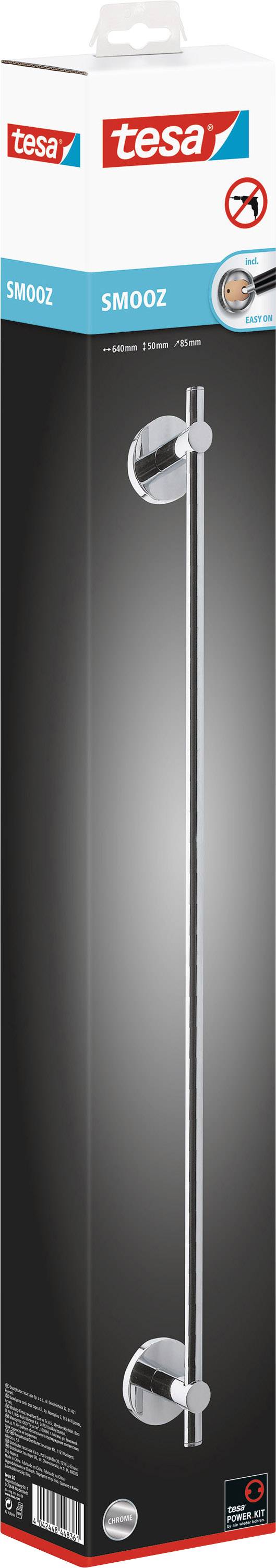 Obal tyče na ručníky SMOOZ z nerezové oceli, zobrazující obrázek tyče s přísavkovým upevněním, bez nutnosti vrtání.