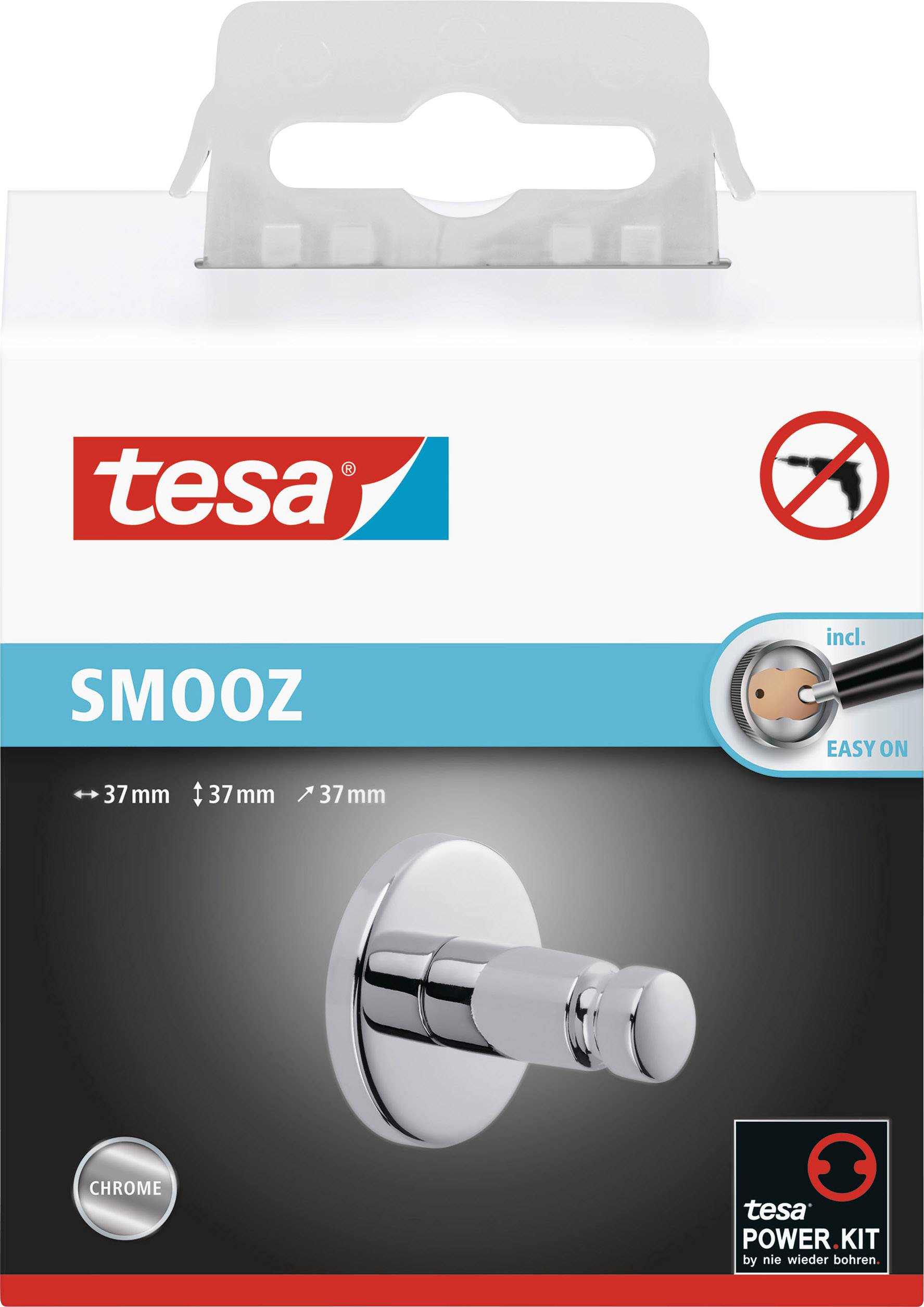 Tesa lepicí hák SMOOZ, chrom, 37mm, s technologií Easy-On a Power Kit, balený v bílé krabičce.