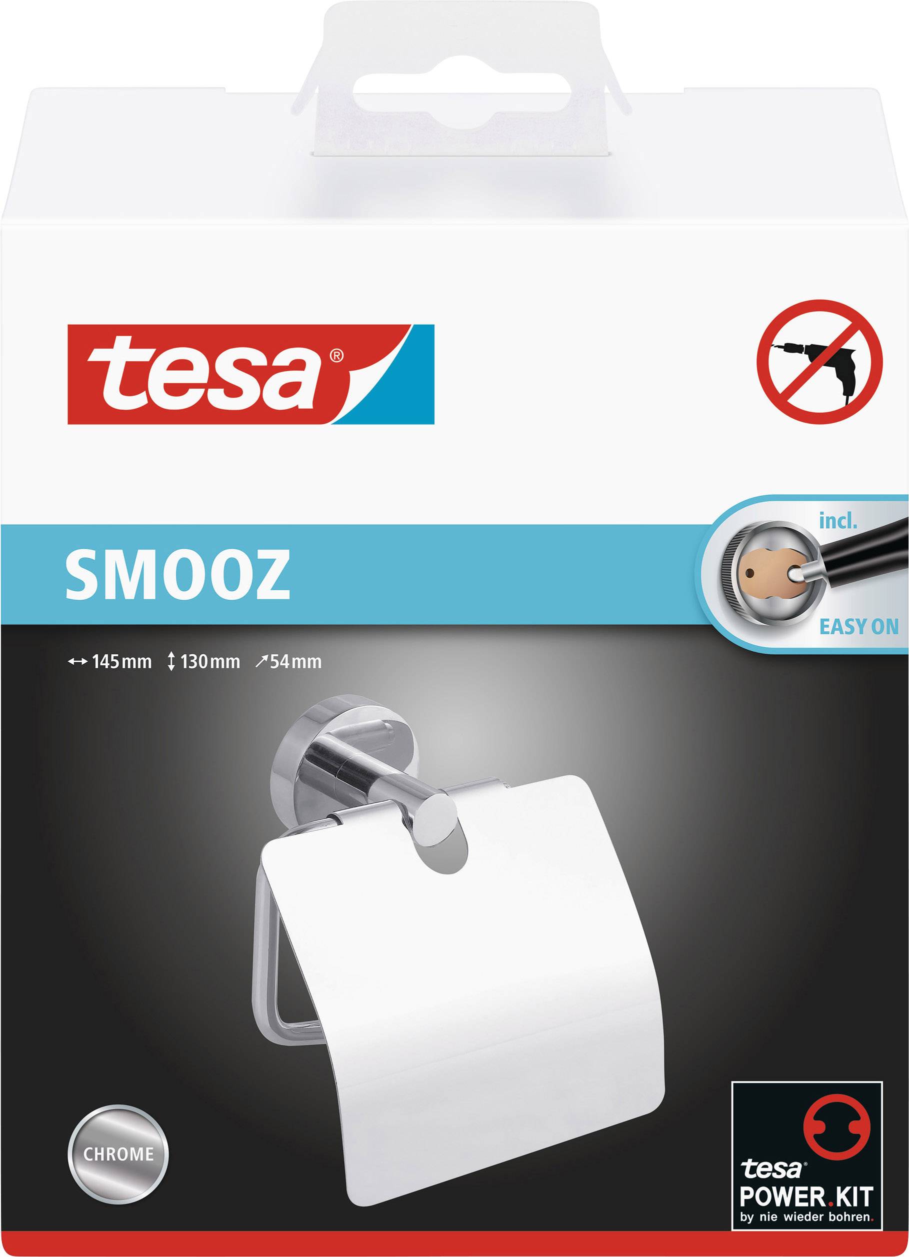 Obal tesa SMOOZ držáku toaletního papíru s vyobrazením produktu. Obsahuje montážní sadu Power-Kit pro snadnou instalaci, v chromovaném provedení.