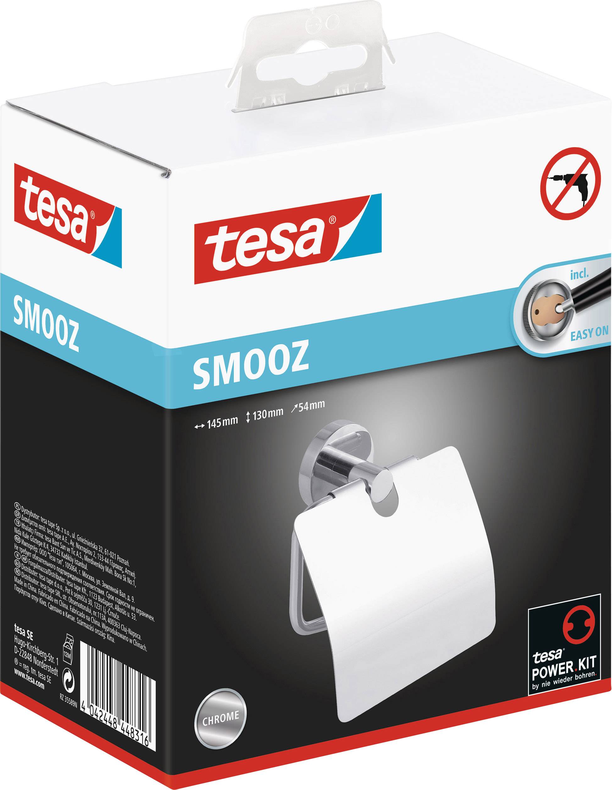 Balení držáku toaletního papíru tesa SMOOZ. Výrobek je z chromu, s Easy-On háčkem a Power.Kit pro snadnou montáž.