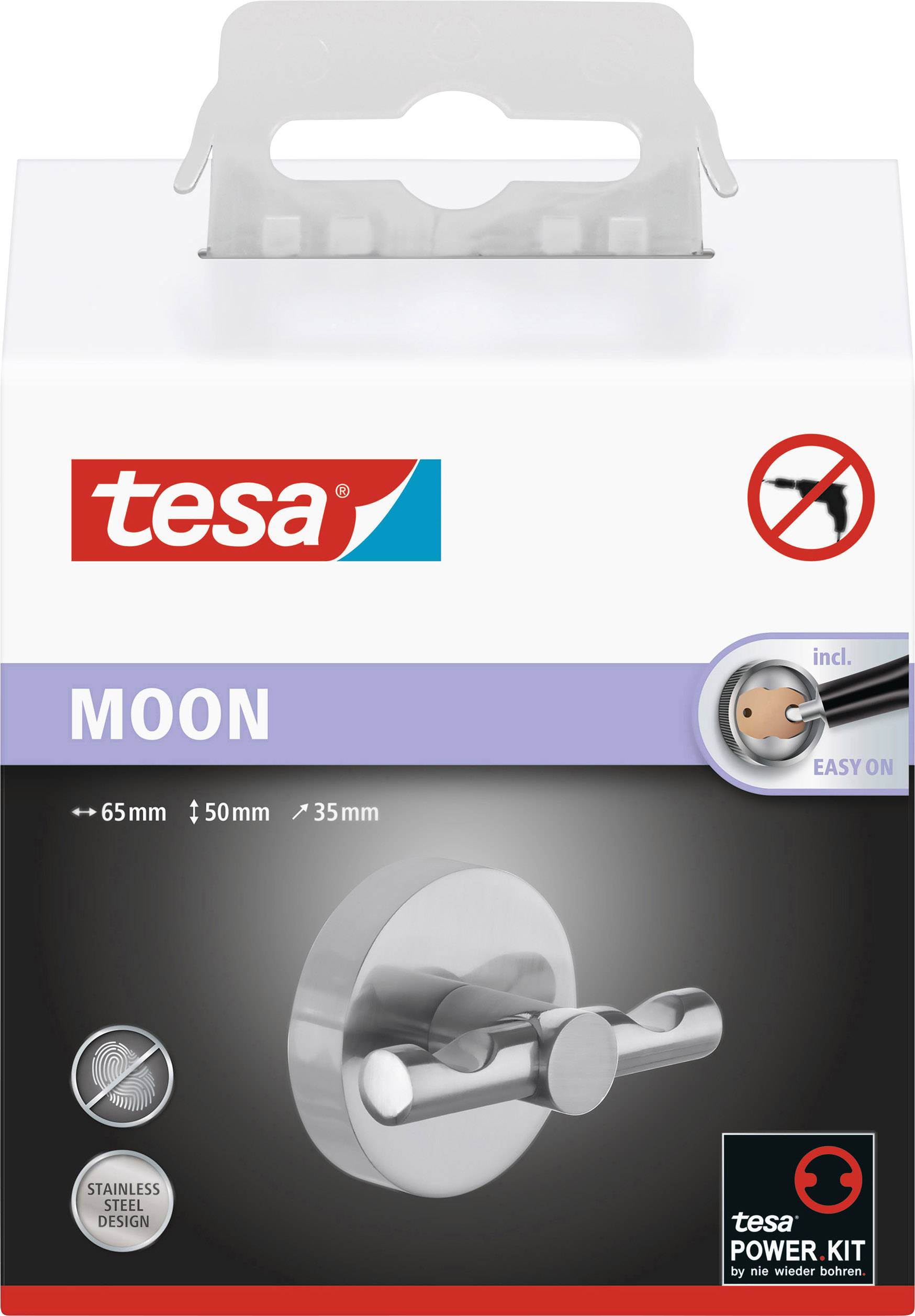 Obal lepicího háčku tesa 'MOON' z nerezové oceli. Na obrázku je háček a klíčové informace: průměr 65 mm, 50 mm, 35 mm.